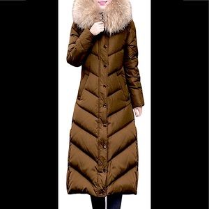Olive Green Duck-Down Puffed Coat Jacket: Full Length, Faux Fur Collar,Sz. S-NWT